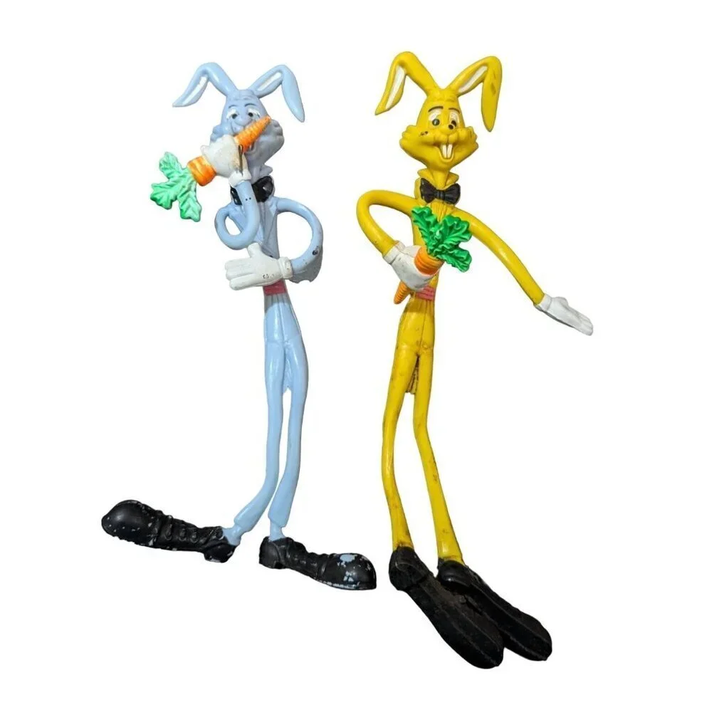 Bendable Cartoon Rabbit Figurines - Vintage 1990s Toy Pair with carrots Yellow b